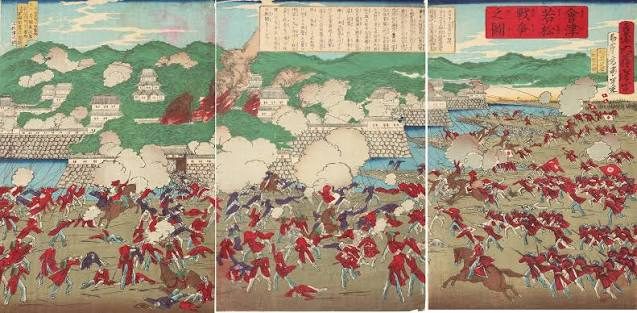 A Meiji-era woodblock print depicting fierce fighting in the Aizu War