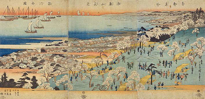 Utagawa Hiroshige, "Cherry-blossom viewing at Gotenyama, Shinagawa" — Edo's favourite hill for the blossoms