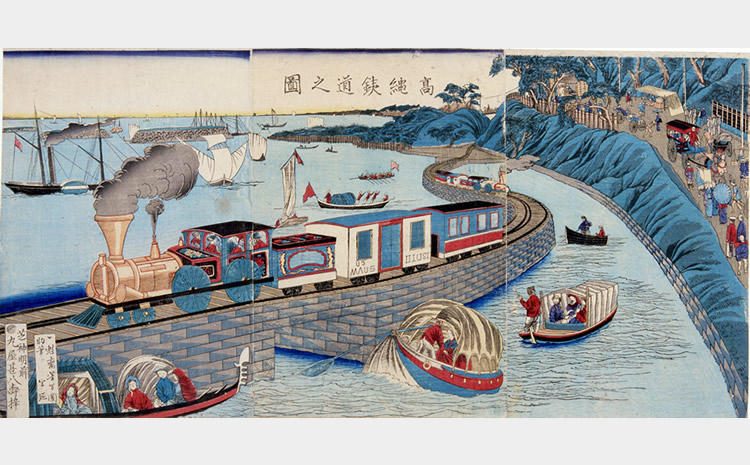 "Takanawa Railway" — a woodblock print of the train running on the embankment in the sea