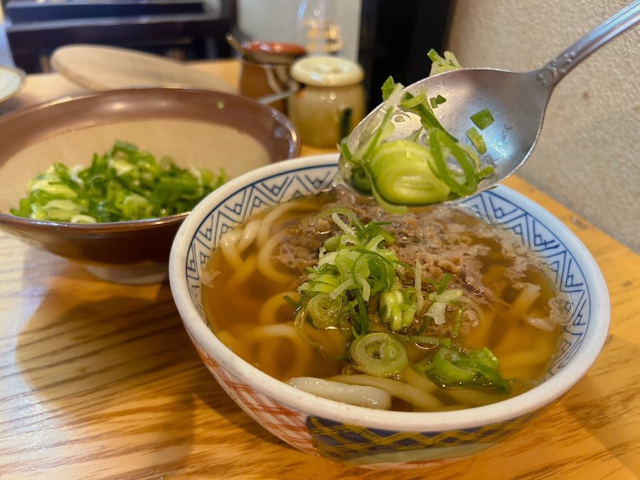 Dondon's meat udon topped with chopped green onion