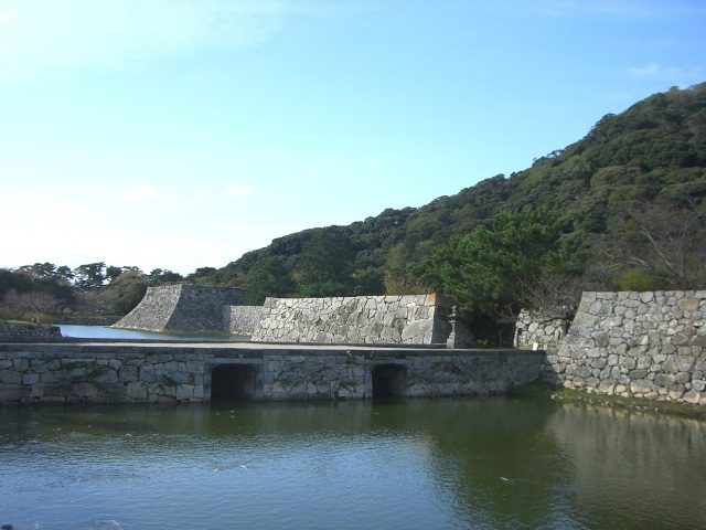 Stone walls and the inner moat remaining at the Hagi Castle ruins
