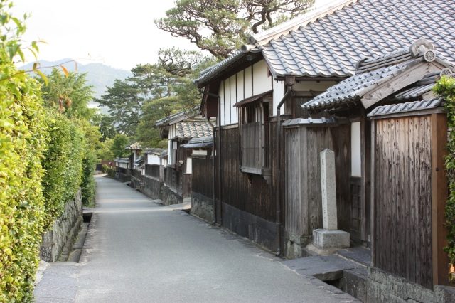 A street in the old castle town lined with earthen walls and pine trees