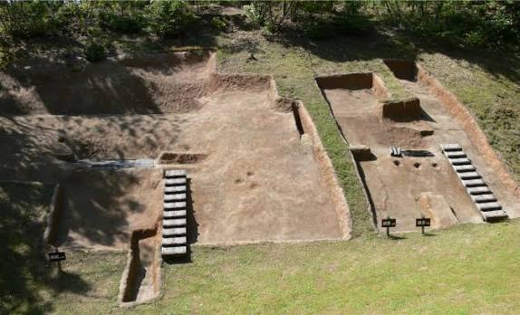An excavation site on the shrine grounds, with a survey grid marking the positions of postholes