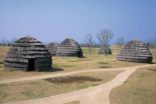 Reconstructed Jomon-era pit dwellings at the Uenohara archaeological site