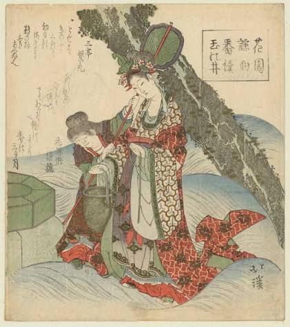 An ukiyo-e print depicting a woman in a kimono standing on the shoreline beneath a pine tree