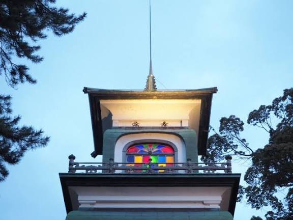 Stained glass on the top floor of Oyama Shrine's gate