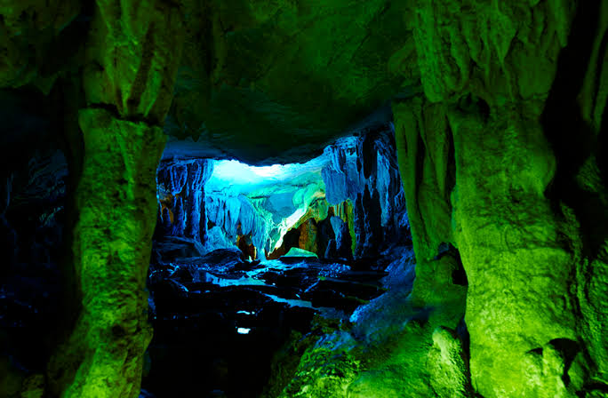 Stalactites and underground light in Ryuga Cave