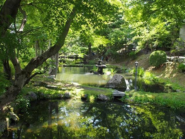 The lush garden and pond of the Ichinokura residence