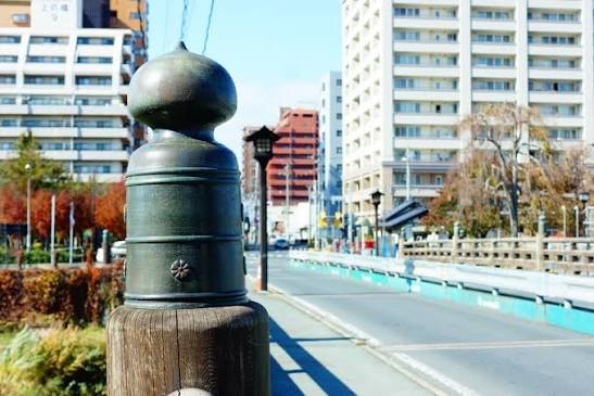 Bronze giboshi finials on the railing of Kami-no-hashi