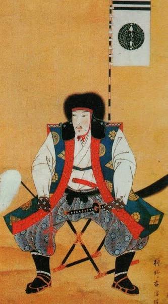 Portrait of Nanbu Nobunao seated on a camp stool, with a crane-crest banner behind