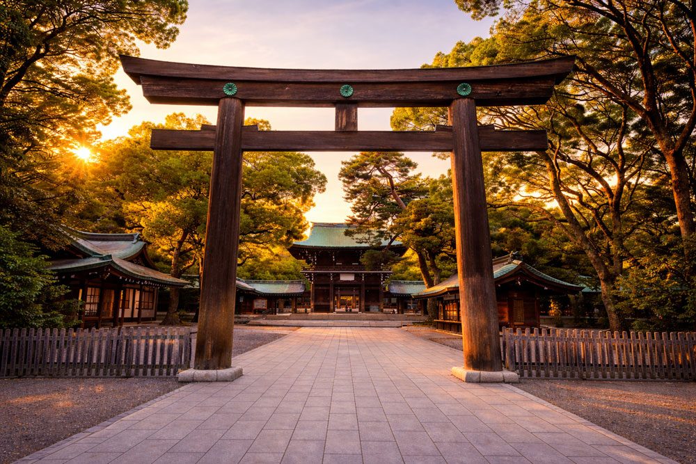 A torii and the South Gate of Meiji Jingu