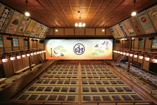 Interior of the Eirakukan kabuki theatre, with its tiered box seating