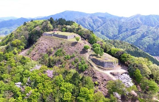 Aerial view of the Ariko-yama Castle ruins on the mountaintop